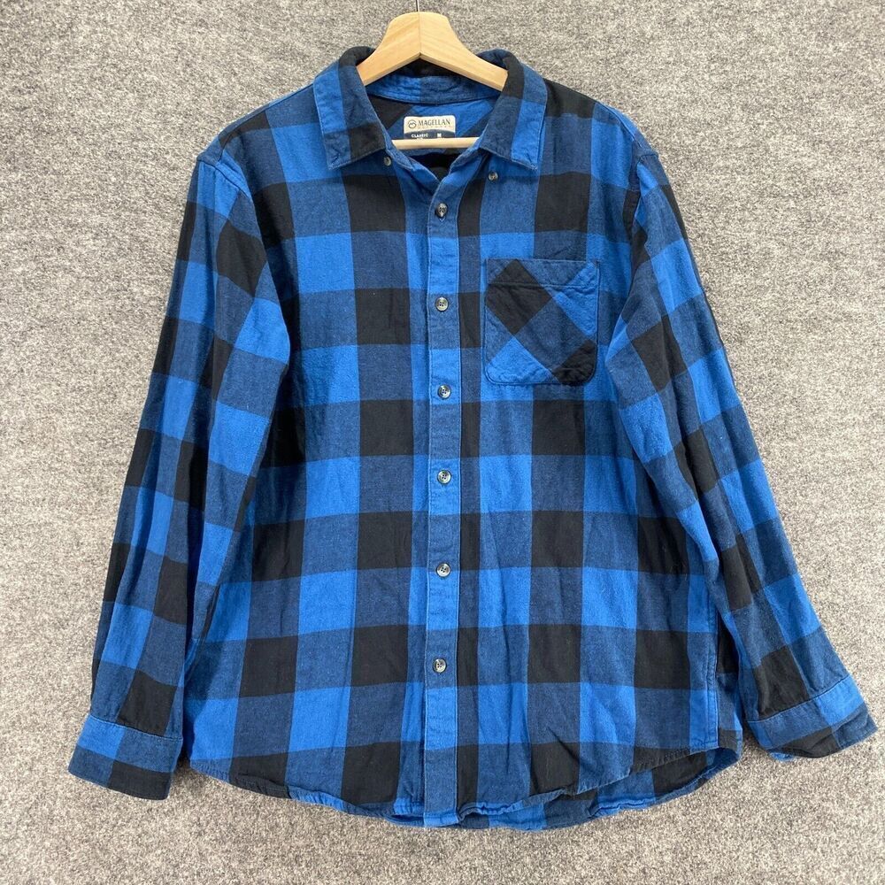 Magellan Shirt Men M Medium Blue Plaid Classic Fit Collared Button Up Fleece